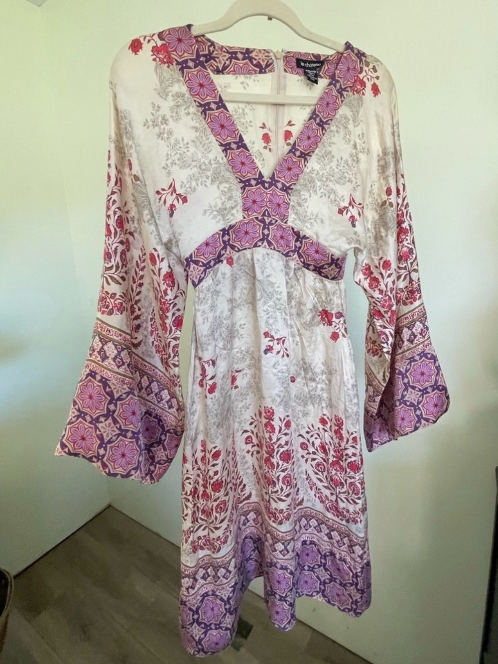Vintage Le Chateau Floral Bohemian Silk Kimono Dress with Bell Sleeves Fairycore